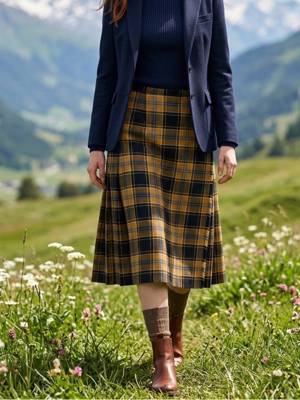 Vintage Aljean Wool Plaid Kilt Wrap Skirt Black Gold Tartan Academia 28”